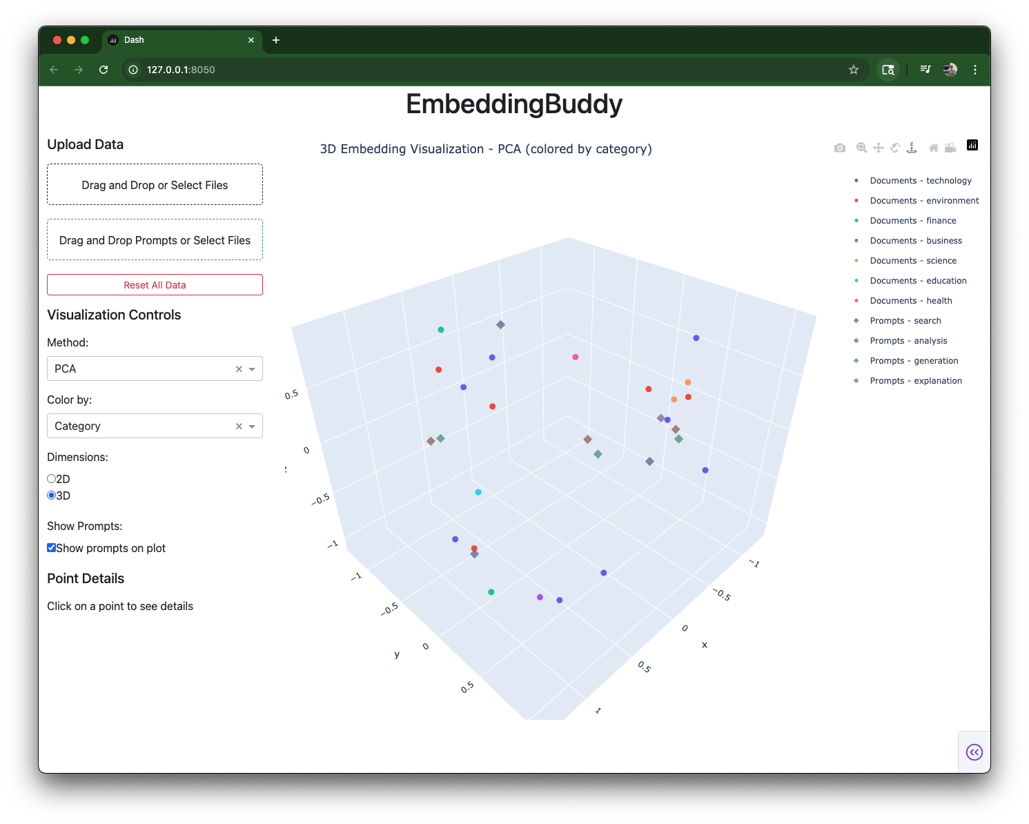 Screenshot of 3d graph and UI for Embedding Buddy
