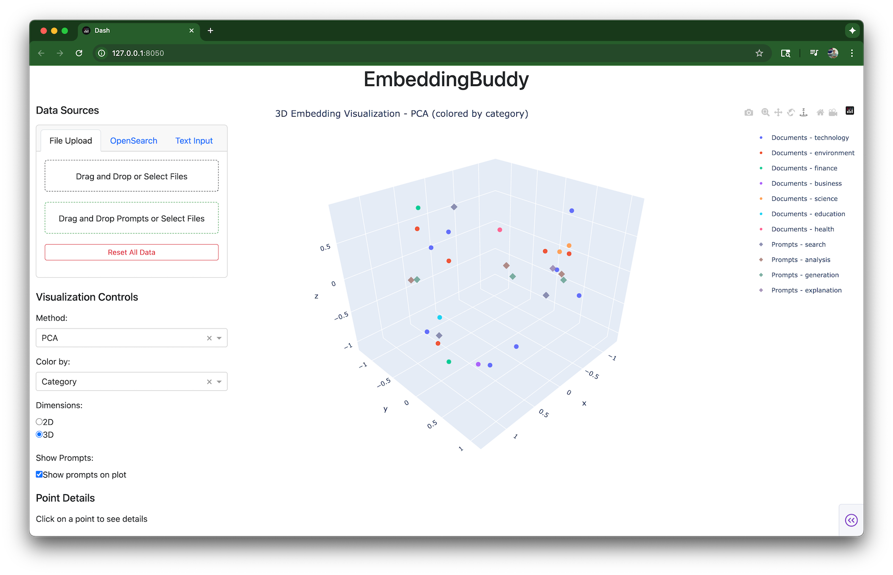 Screenshot of 3d graph and UI for Embedding Buddy