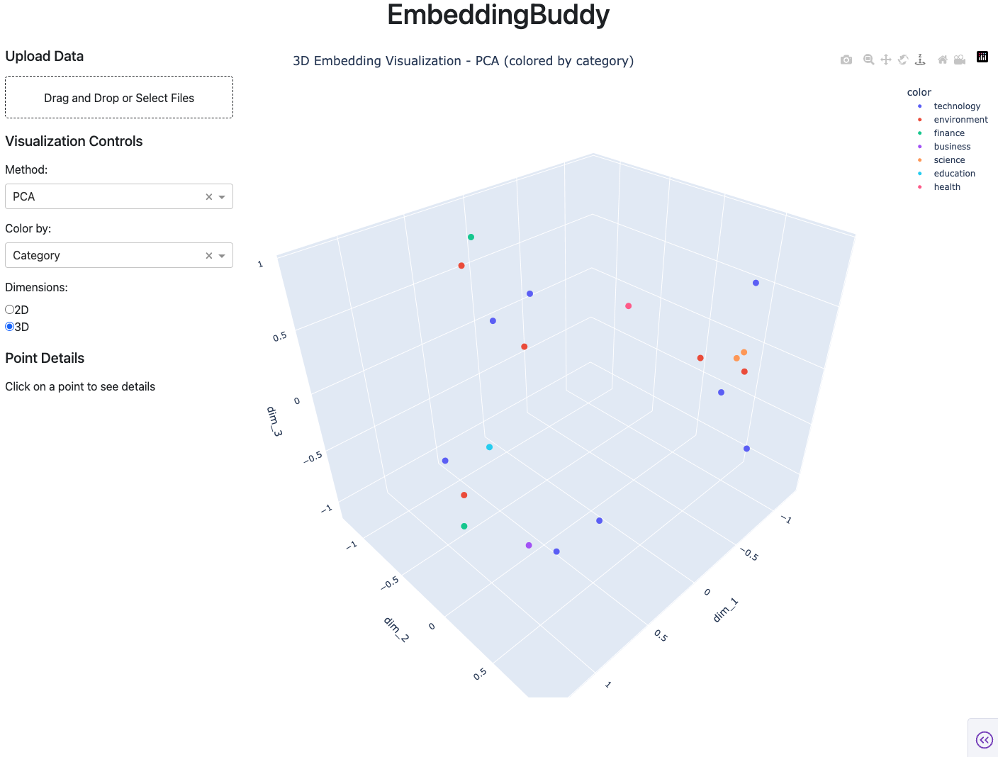 Screenshot of 3d graph and UI for Embedding Buddy