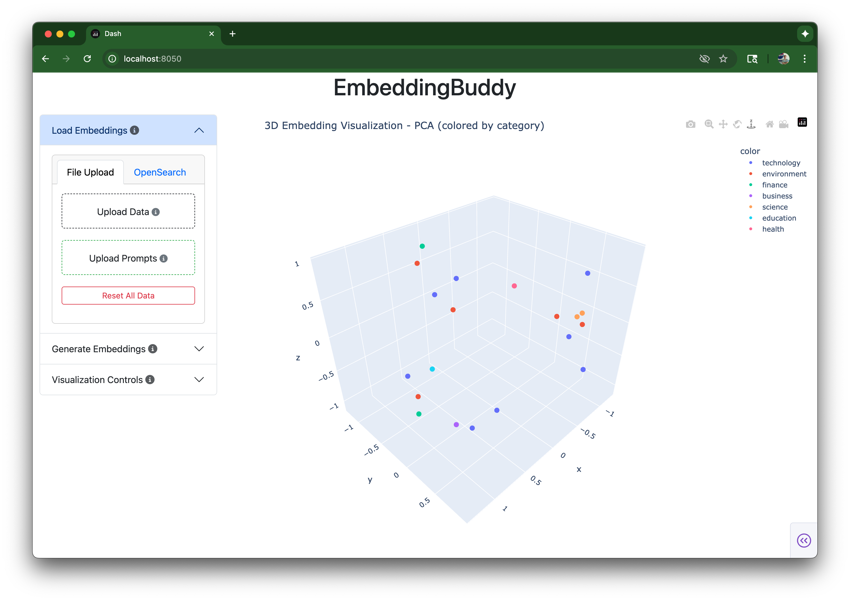 Screenshot of 3d graph and UI for Embedding Buddy